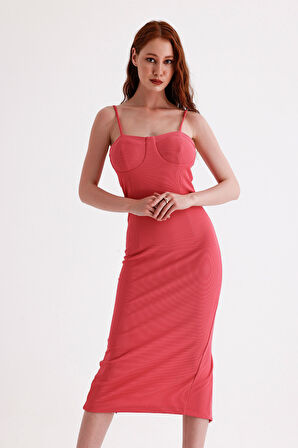 Arka Gizli Fermuarli Gloplu Askili Ottoman Elbise | Elb35442 Fuşya