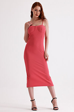 Arka Gizli Fermuarli Gloplu Askili Ottoman Elbise | Elb35442 Fuşya