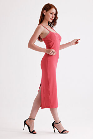 Arka Gizli Fermuarli Gloplu Askili Ottoman Elbise | Elb35442 Fuşya