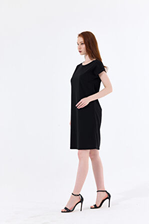 Havuz Yaka Mini Kol Elbise | Elb33681 Siyah Scuba Krep