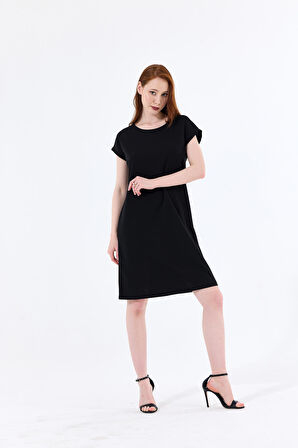 Havuz Yaka Mini Kol Elbise | Elb33681 Siyah Scuba Krep