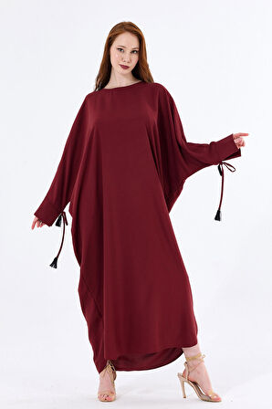 Manşetli İp Püsküllü Viskon Kimono | KMN35008 Bordo