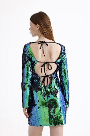 Sırt Dekolteli Astarlı Payetli Abiye Elbise | ELB35271 Gümüş Yeşil