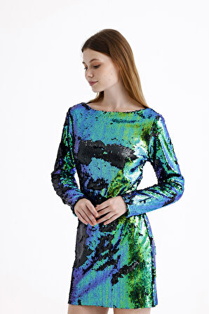 Sırt Dekolteli Astarlı Payetli Abiye Elbise | ELB35271 Gümüş Yeşil