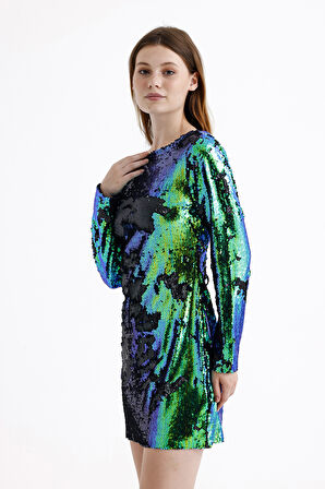 Sırt Dekolteli Astarlı Payetli Abiye Elbise | ELB35271 Gümüş Yeşil