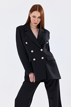 Astarlı Hürrem Kumaş Çizgili Takım Elbise | TK35550 Siyah Beyaz Çizgili