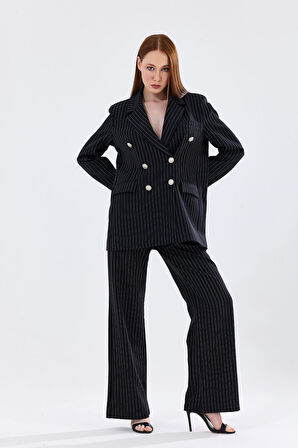 Astarlı Hürrem Kumaş Çizgili Takım Elbise | TK35550 Siyah Beyaz Çizgili