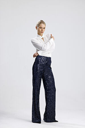 Astarlı Lastikli Geniş Paça Payetli Abiye Pantolon | Pnt33970 Lacivert