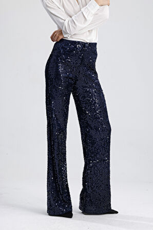 Astarlı Lastikli Geniş Paça Payetli Abiye Pantolon | Pnt33970 Lacivert