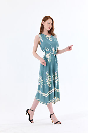 Kemer Detaylı Uzun Empirme  Viskon Jile Elbise | Elb35653 Su Yeşili