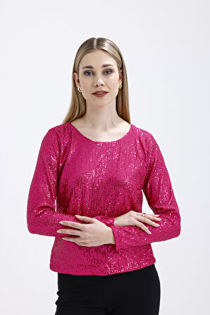 İçi Astarlı Pul Payet Abiye Bluz | Blz35497 Fuşya