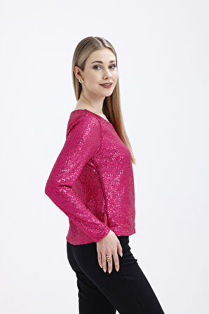 İçi Astarlı Pul Payet Abiye Bluz | Blz35497 Fuşya