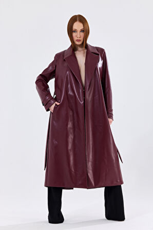 Astarlı Beli Kuşaklı  Apoletli  Suni Deri Trençkot Pardüsü Bordo