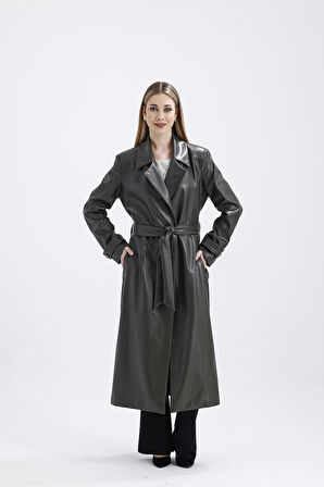 Astarlı Beli Kuşaklı  Apoletli  Suni Deri Trençkot Pardüsü Hakı