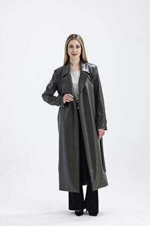 Astarlı Beli Kuşaklı  Apoletli  Suni Deri Trençkot Pardüsü Hakı