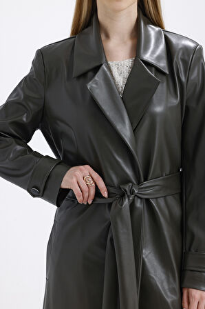 Astarlı Beli Kuşaklı  Apoletli  Suni Deri Trençkot Pardüsü Hakı