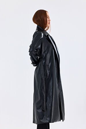 Astarlı Beli Kuşaklı  Apoletli  Suni Deri Trençkot Pardüsü Siyah