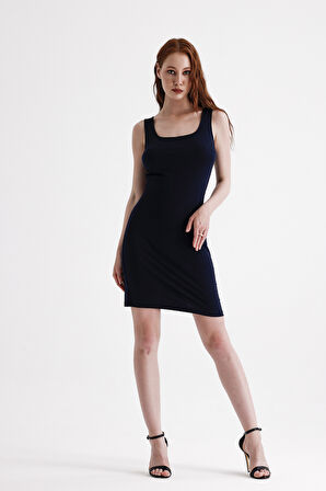 Kolsuz Likralı Baskılı Mini Viskon Elbise | ELB35735 Lacivert