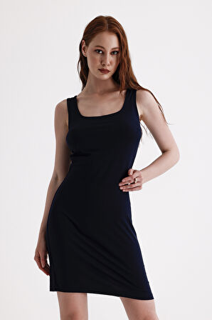 Kolsuz Likralı Baskılı Mini Viskon Elbise | ELB35735 Lacivert