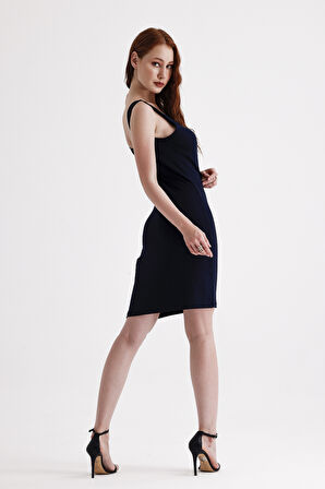 Kolsuz Likralı Baskılı Mini Viskon Elbise | ELB35735 Lacivert