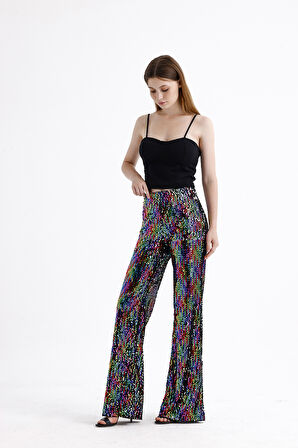 Astarlı Lastikli Geniş Paça Payetli Abiye Pantolon | Pnt33970 Siyah Lila