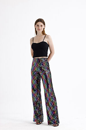 Astarlı Lastikli Geniş Paça Payetli Abiye Pantolon | Pnt33970 Siyah Lila