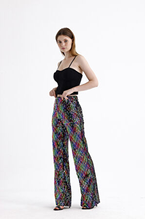 Astarlı Lastikli Geniş Paça Payetli Abiye Pantolon | Pnt33970 Siyah Lila