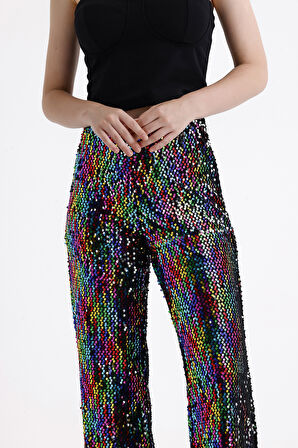 Astarlı Lastikli Geniş Paça Payetli Abiye Pantolon | Pnt33970 Siyah Lila