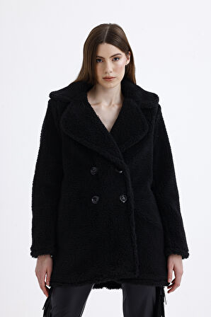 Astarlı Kruvaze Kürk Kaban | Kbn32383 Siyah