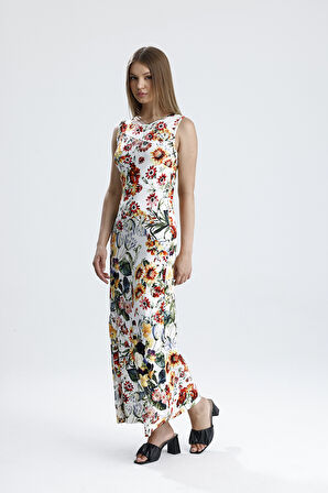 Yırtmaçlı Kolsuz Likralı Viskon Elbise | ELB35734 Ayçiçek Desen