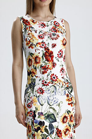 Yırtmaçlı Kolsuz Likralı Viskon Elbise | ELB35734 Ayçiçek Desen