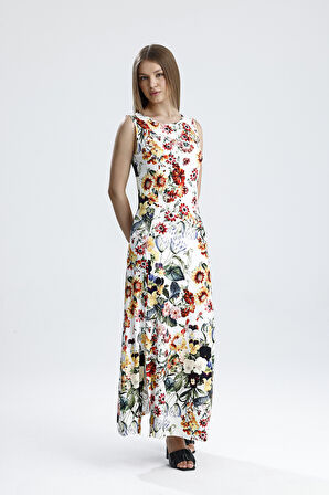 Yırtmaçlı Kolsuz Likralı Viskon Elbise | ELB35734 Ayçiçek Desen