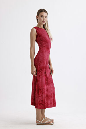 Yırtmaçlı Kolsuz Likralı Viskon Elbise | ELB35734 Bordo Batik