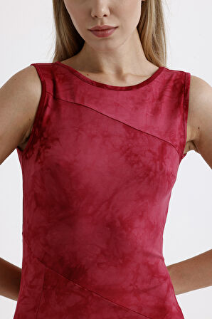 Yırtmaçlı Kolsuz Likralı Viskon Elbise | ELB35734 Bordo Batik