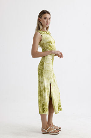 Yırtmaçlı Kolsuz Likralı Viskon Elbise | ELB35734 FISTIK YEŞİLİ BATİK