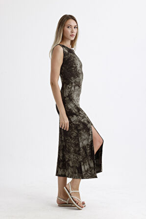 Yırtmaçlı Kolsuz Likralı Viskon Elbise | ELB35734 HAKİ BATİK