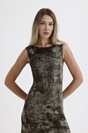 Yırtmaçlı Kolsuz Likralı Viskon Elbise | ELB35734 HAKİ BATİK