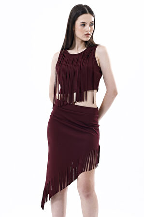 Saçaklı Az Simetrik Abiye  Etek | Etk35737 Bordo