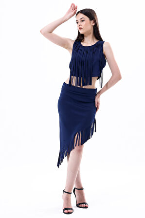 Saçaklı Az Simetrik Abiye  Etek | Etk35737 Lacivert