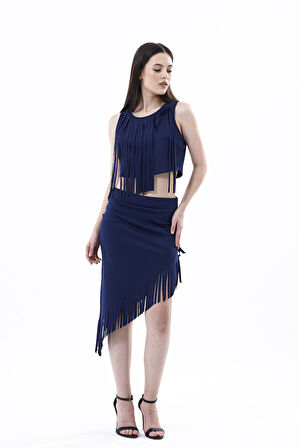 Saçaklı Az Simetrik Abiye  Etek | Etk35737 Lacivert