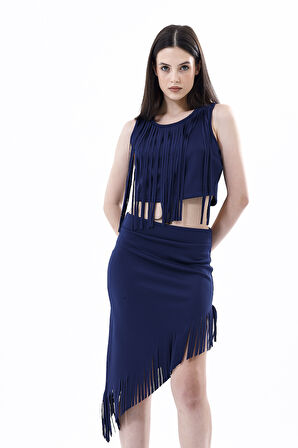 Saçaklı Az Simetrik Abiye  Etek | Etk35737 Lacivert