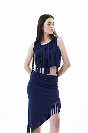 Saçaklı Az Simetrik Abiye  Etek | Etk35737 Lacivert