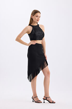 Saçaklı Az Simetrik Abiye  Etek | Etk35737 Siyah