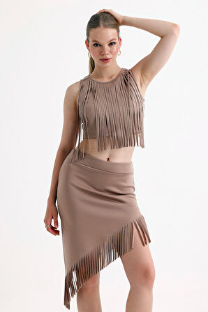 Saçaklı Az Simetrik Abiye  Etek | Etk35737 Taş