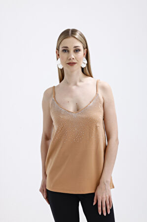 Önü Taşlı Askılıi Scuba Krep Kısa Bluz | Blz34466 Bej