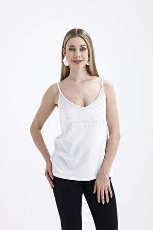 Önü Taşlı Askılıi Scuba Krep Kısa Bluz | Blz34466 Ekru