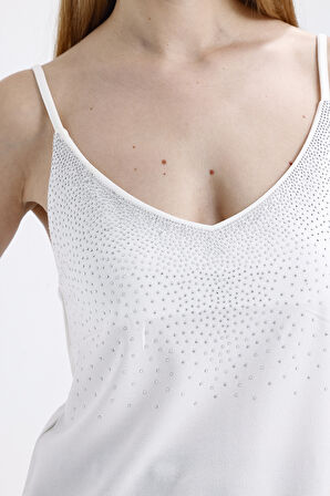 Önü Taşlı Askılıi Scuba Krep Kısa Bluz | Blz34466 Ekru