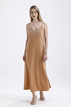 Taş Detaylı Uzun Askılı Elbise | ELB34521 Bej