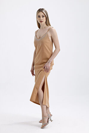 Taş Detaylı Uzun Askılı Elbise | ELB34521 Bej