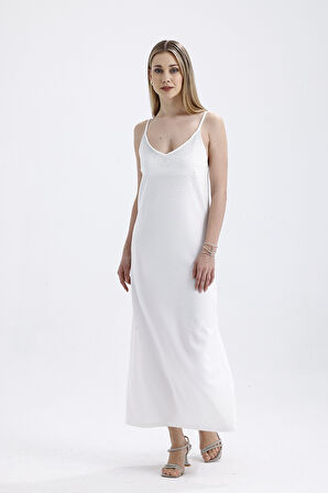 Taş Detaylı Uzun Askılı Elbise | ELB34521 Ekru